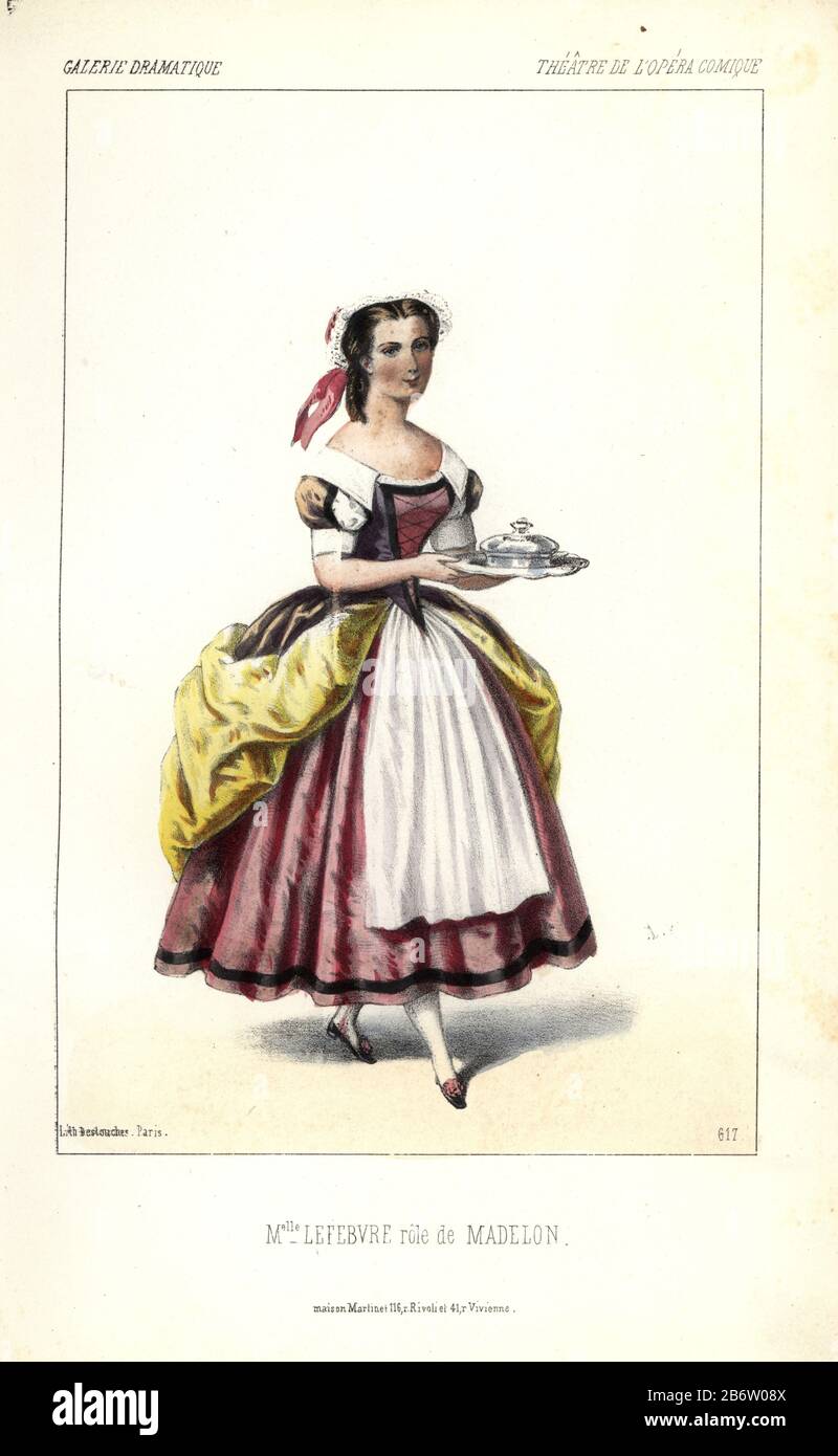 Mlle. Lefebvre in the title role of 'Madelon,' a comic opera by Francois Bazin, 1852. Constance-Caroline Lefebvre-Faure (1828-1905) was a French mezzo soprano.  Handcoloured lithograph by Alexandre Lacauchie from 'Galerie Dramatique: Costumes des Theatres de Paris' ca. 1860. Stock Photo