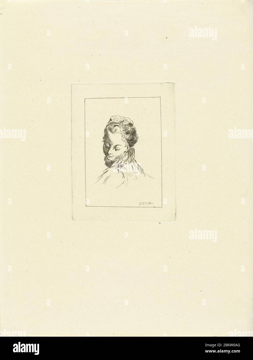 Hoofdstudie van een jonge vrouw met haarband Head Study of a young woman with her band object type: picture Item number: RP-P-1917-392 Inscriptions / Brands: collector's mark, verso, stamped: Lugt 2233 Manufacturer : printmaker: G. van Citters (listed property) Place manufacture : the Netherlands Date: ca. 1750 - ca. 1800 Physical characteristics: etching material: paper Technique: etching dimensions: plate edge: h 120 mm × b 90 mm Subject: anonymous historical person Portrayed alone - BB - woman Stock Photo