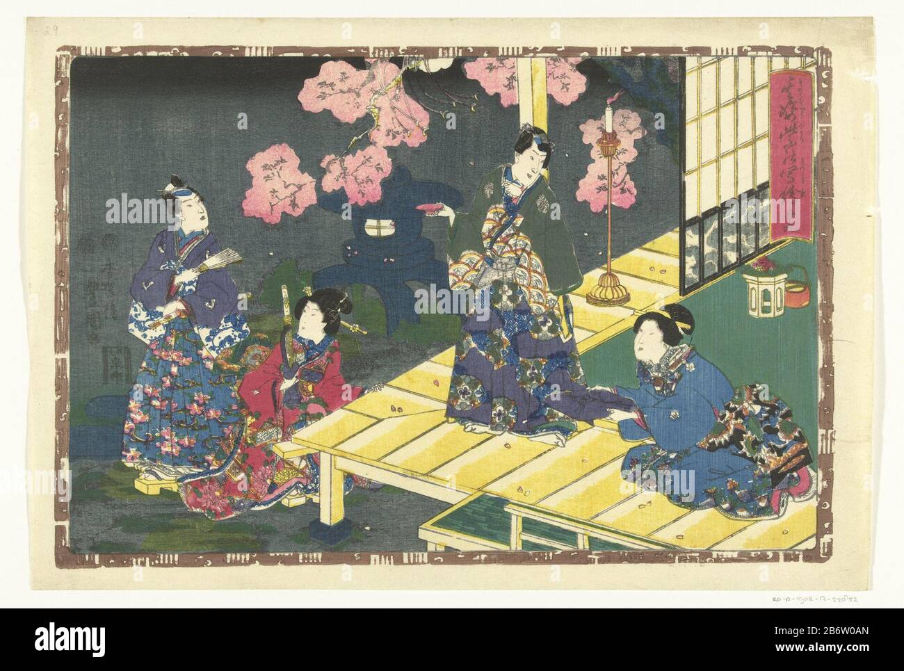 Hoofdstuk 29 Getrouwe afbeeldingen van de Schitterende Prins (serietitel) Sono sugata Hikaru no utsushi-e (serietitel op object) man and woman in garden with blossoming tree, with veranda Where: at the second man and woman; in the background a stone lantern; at night. Presentation enclosed by brown edge in which Genji emblemen. Manufacturer : print maker: Kunisada (I), Utagawa (indicated on object) censor: Fukushima Giemon (indicated on object) censor: Muramatsu Genroku (indicated on object) publisher: Izumiya Ichibei (Chance Endo) ( listed on object) Place manufacture: printmaker Japan Censor Stock Photo
