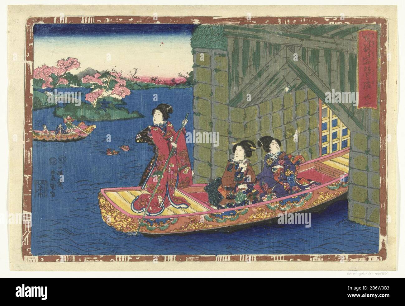 Hoofdstuk 33 Getrouwe afbeeldingen van de Schitterende Prins (serietitel) Sono sugata Hikaru no utsushi-e (serietitel op object) Three women in a rowboat sailing through tunnel; in the background a second rowboat and landscape with flowering trees. Presentation surrounded by brown edge Where: in Genji emblemen. Manufacturer : printmaker: Kunisada (I), Utagawa (listed building) censor: Kinugasa Fusajiro (listed building) censor: Murata Heiemon (listed property) Place manufacture: Japan Date: 1851 - 1853 Physical characteristics: color woodblock; line block in black with color blocks material: p Stock Photo