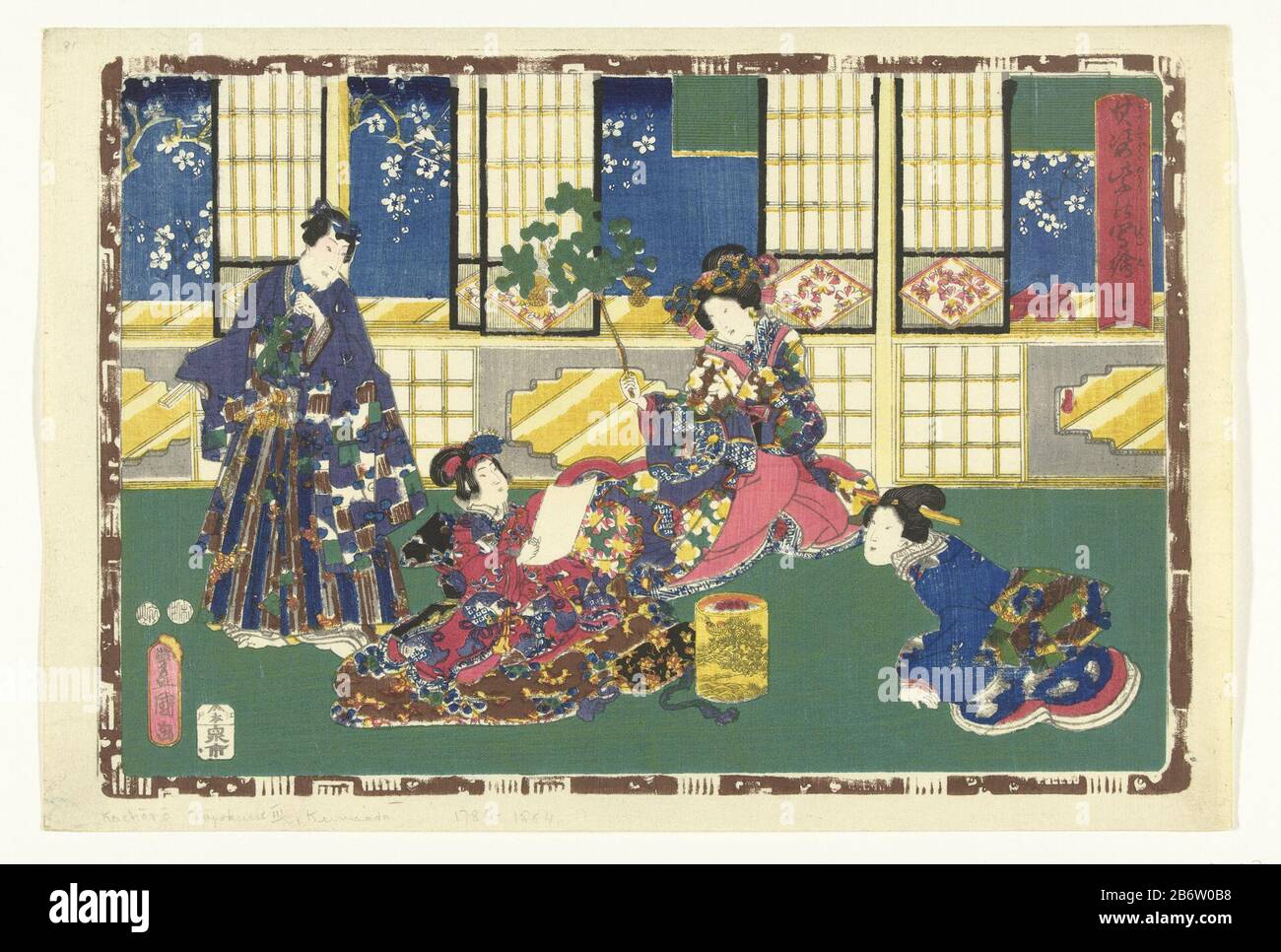 Hoofdstuk 31 Getrouwe afbeeldingen van de Schitterende Prins (serietitel) Sono sugata Hikaru no utsushi-e (serietitel op object) Prince Genji, an elegantly dressed woman and a maid, looking girl with paper in hand sitting on cushion with brazier; slid through the open walls overlooking white blossom against a blue background. Presentation surrounded by brown edge Where: in Genji emblemen. Manufacturer : printmaker: Kunisada (I), Utagawa (listed building) censor: Kinugasa Fusajiro (listed building) censor: Murata Heiemon (listed building) publisher: Izumiya Ichibei (Chance Endo ) (listed buildi Stock Photo