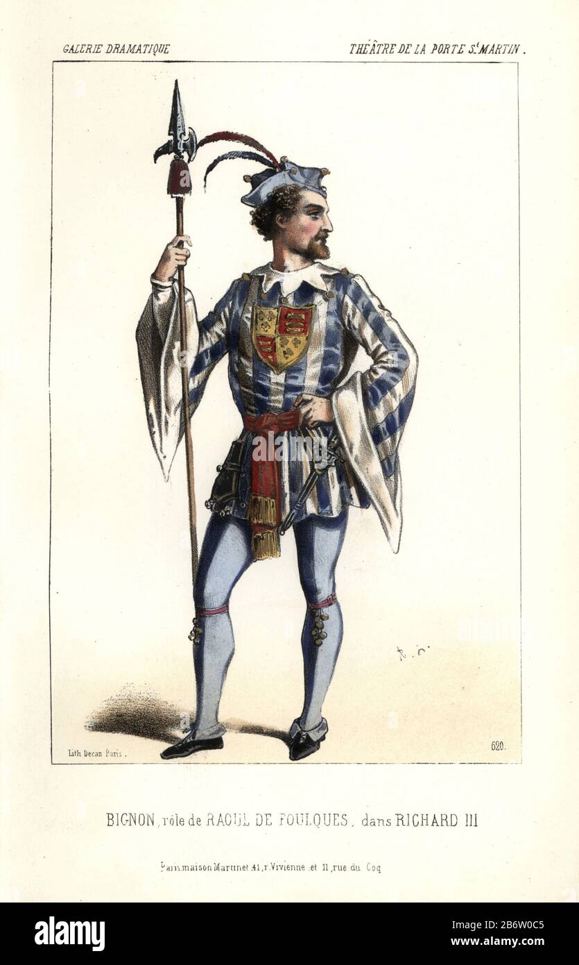 Bignon in the role of Raoul de Foulques in "Richard III." Married to the  celebrated Madame Albert, Bignon was a thoroughly reliable and  conscientious actor. Handcoloured lithograph by Alexandre Lacauchie from  "Galerie