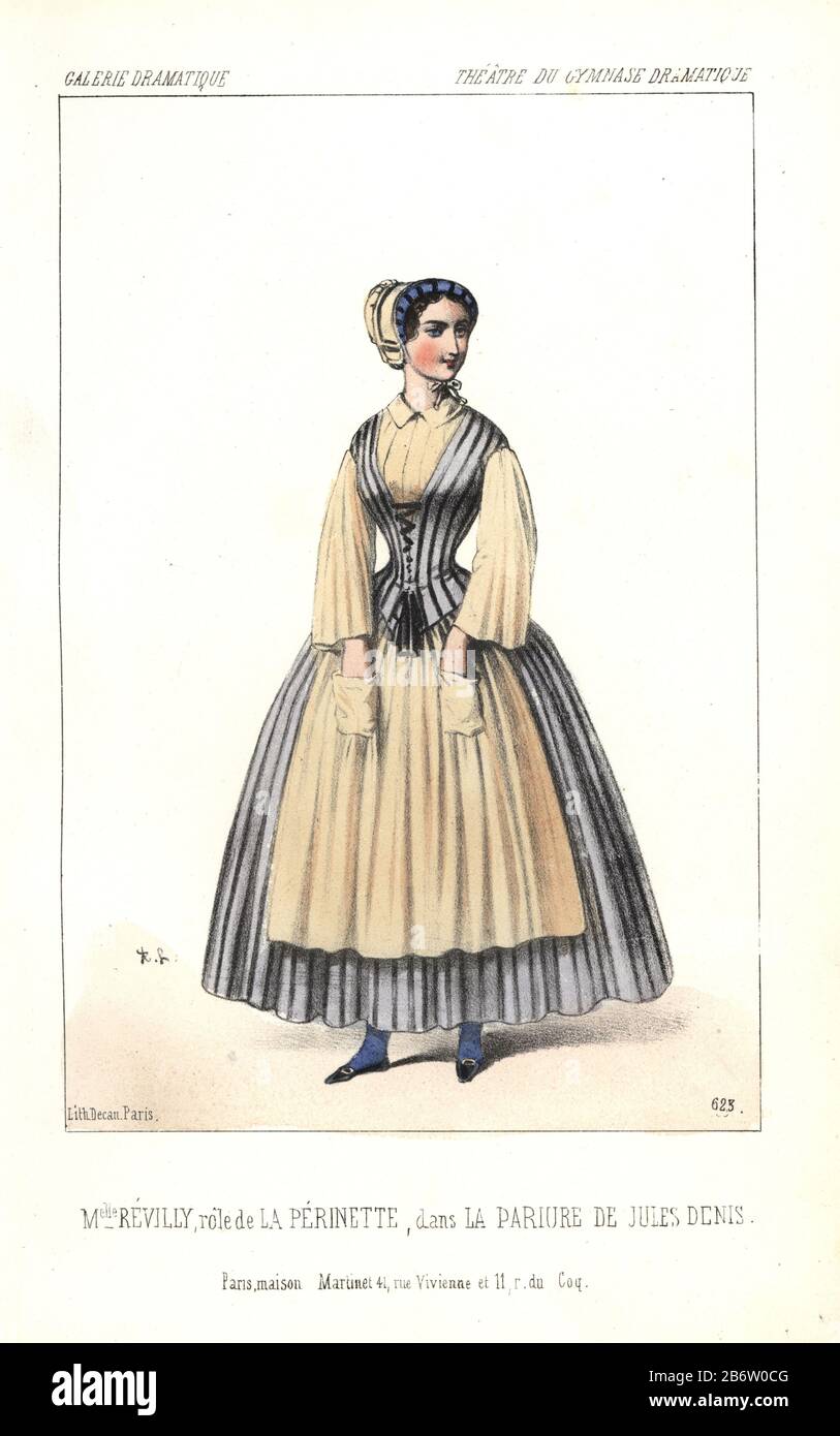 Mlle. Hermance Revilly in the role of La Perinette in 'La Pariure de Jules Denis' at the Gymnase Dramatique. Revilly (b. 1823) made her debut at the Opera Comique in 1840, and was a 'pleasing and ladylike actress.' Handcoloured lithograph by Alexandre Lacauchie from 'Galerie Dramatique: Costumes des Theatres de Paris' 1852. Stock Photo