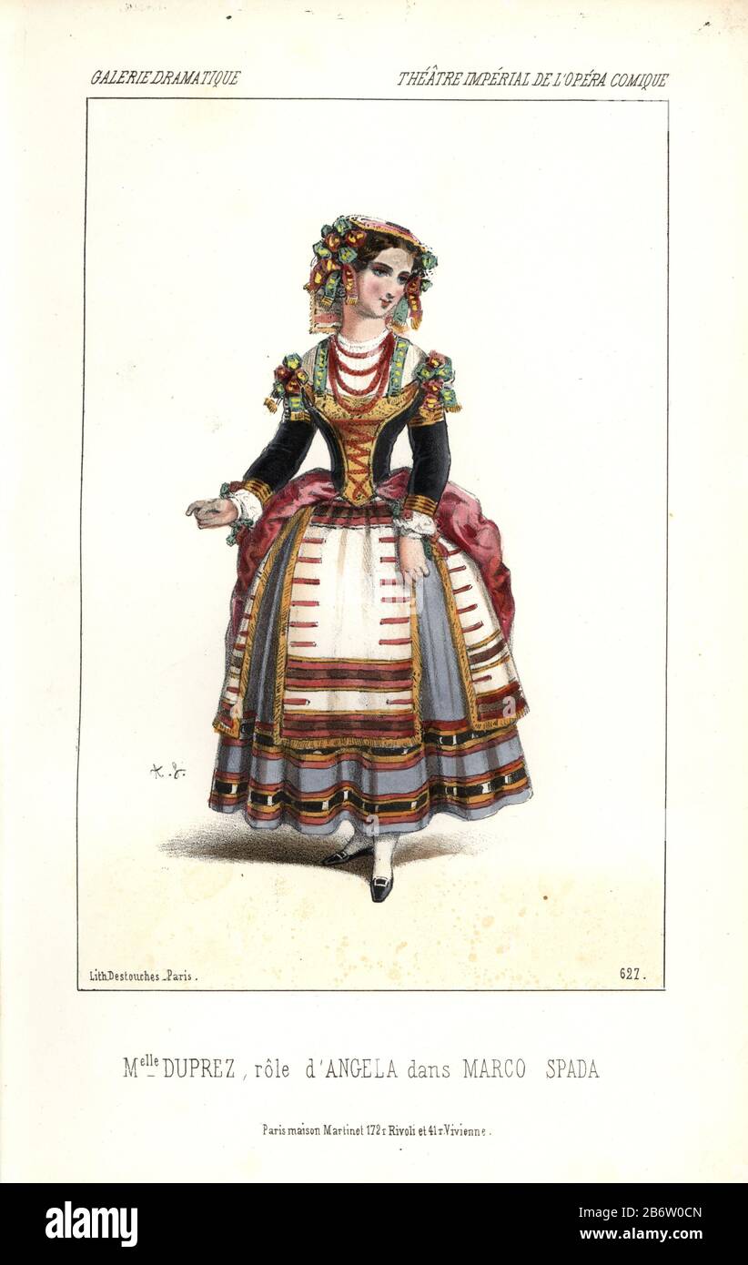 Mlle. Caroline Duprez as Angela in 'Marco Spada' at the Opera Comique. Duprez (1832-1875) was a French soprano singer who debuted in 'La Somnambula' in 1850. Handcoloured lithograph by Alexandre Lacauchie from 'Galerie Dramatique: Costumes des Theatres de Paris' 1852. Stock Photo