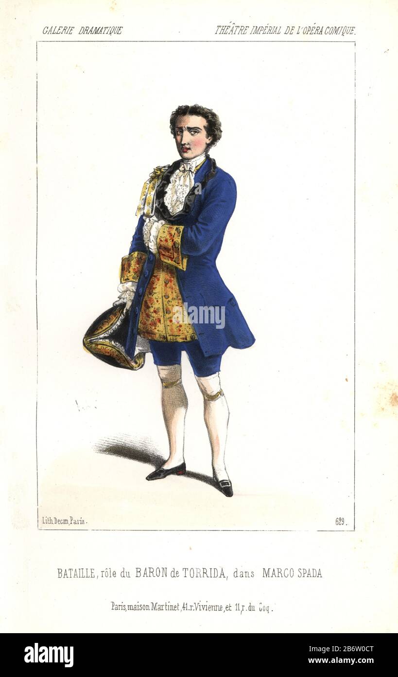 Charles Bataille (1822-1872) in 18th century noble costume as the Baron de Torrida in 'Marco Spada' at the Opera Comique. Bataille's greatest triumph was as Pierre le Grand in 'l'Etoile du Nord.' He later became a professor at a music conservatory. Handcoloured lithograph by Alexandre Lacauchie from 'Galerie Dramatique: Costumes des Theatres de Paris' 1852. Stock Photo