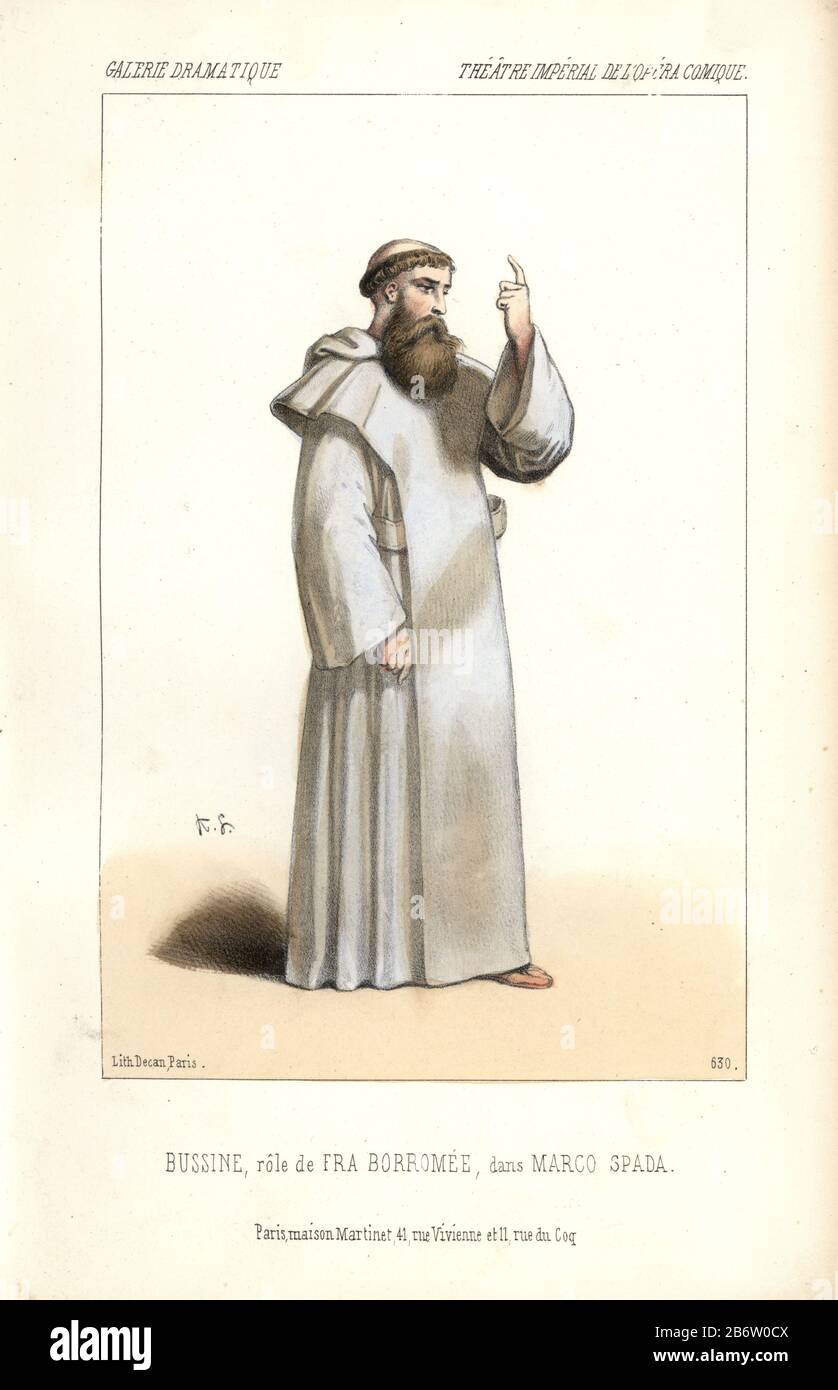 Bussine in monk's robes, tonsure and beard as Fra Borromee in 'Marco Spada' at the Opera Comique. Handcoloured lithograph by Alexandre Lacauchie from 'Galerie Dramatique: Costumes des Theatres de Paris' 1852. Stock Photo