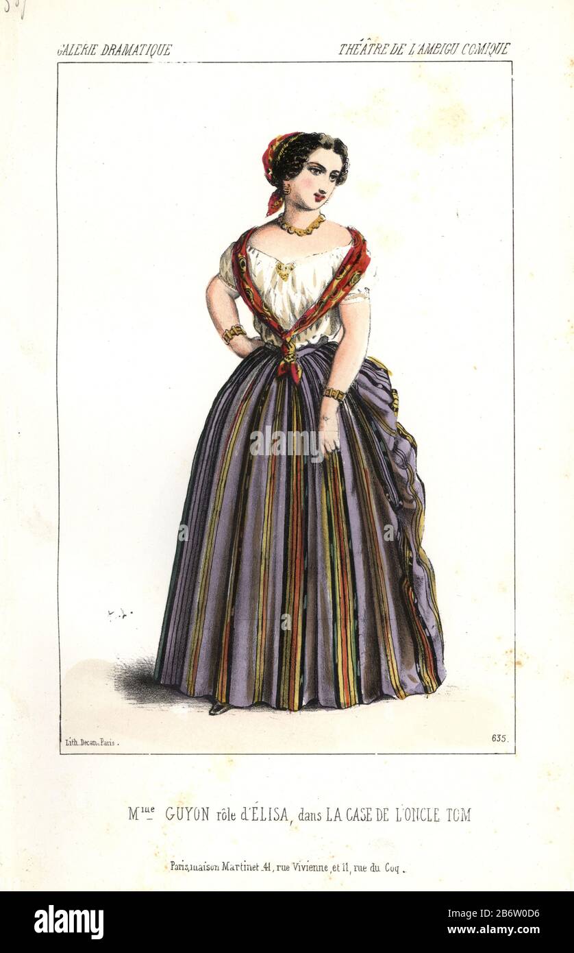 Madame Guyon as Elisa in 'La Case de l'Oncle Tom' at l'Ambigu Comique. This French play based on 'Uncle Tom's Cabin' was first staged in Paris in January 1853. Handcoloured lithograph by Alexandre Lacauchie from 'Galerie Dramatique: Costumes des Theatres de Paris' 1853. Stock Photo