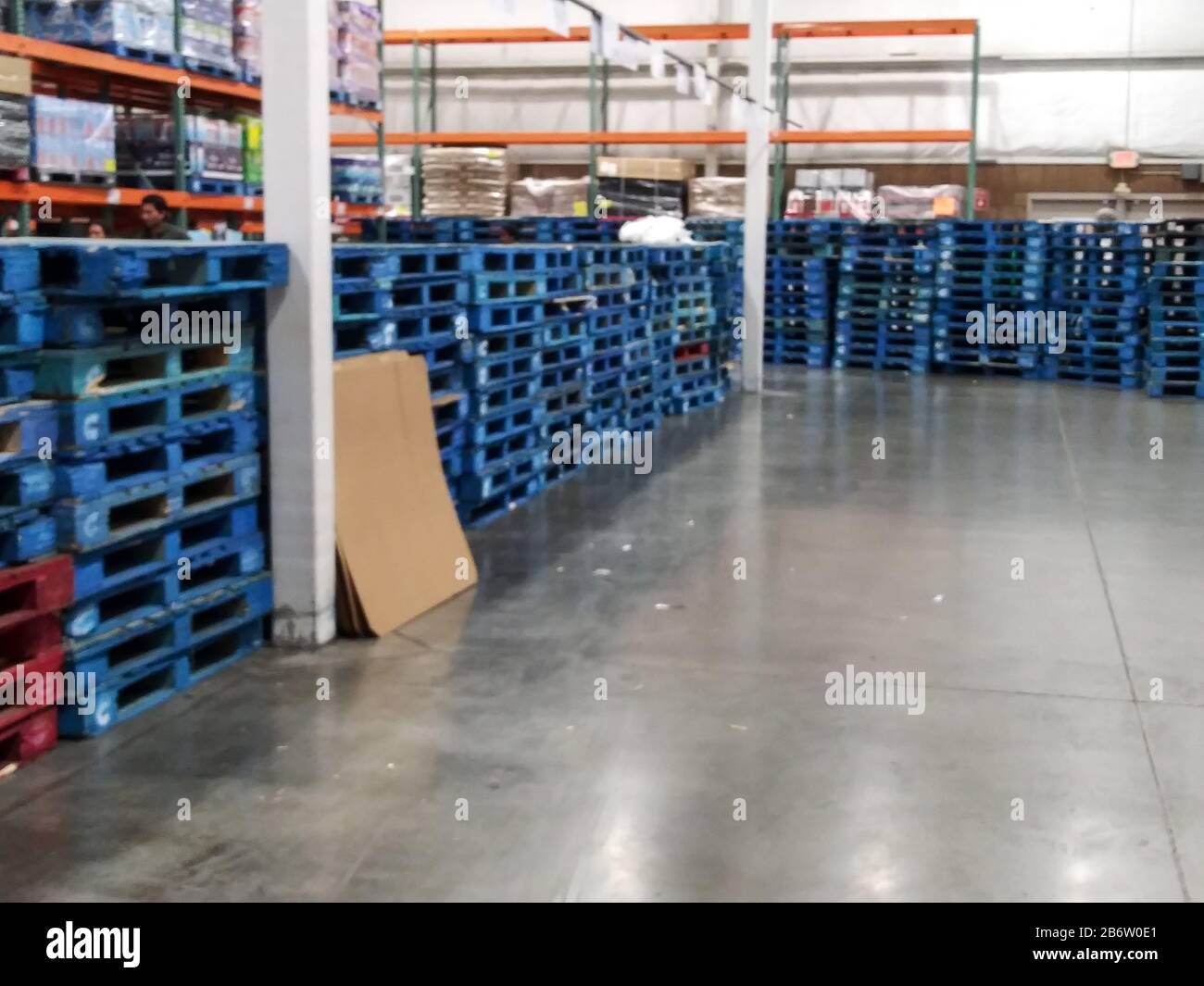 Detailed view of empty water pallets at the Costco Wholesale store at 3560 W Century Blvd, Monday, March 9, 2020, in Inglewood, Calif. (Jevone Moore/Image of Sport) (Photo by IOS/Espa-Images) Stock Photo