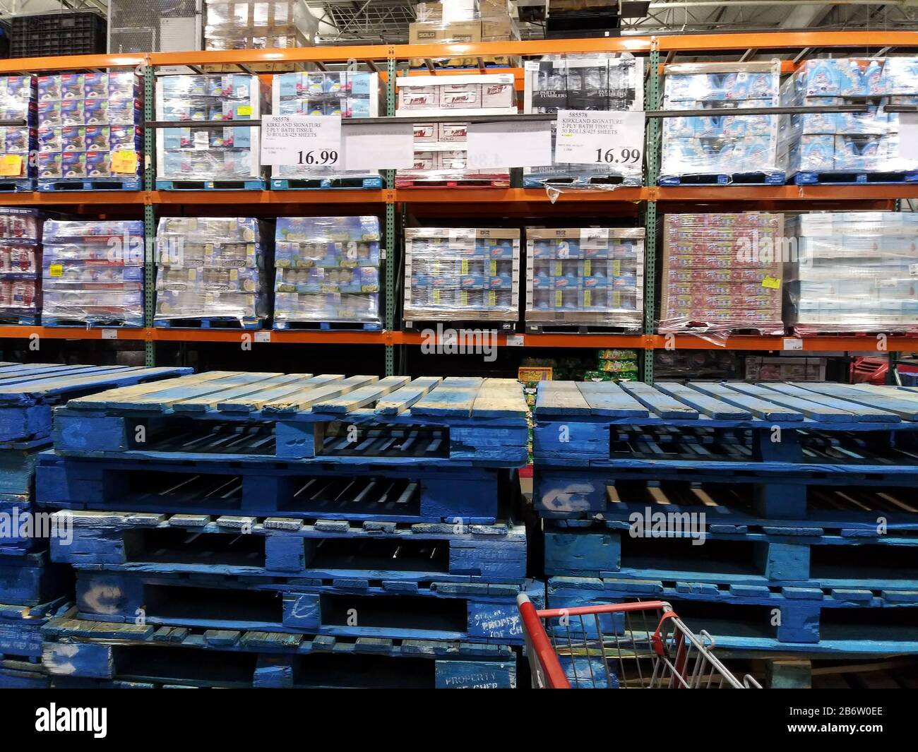 Detailed view of empty water pallets at the Costco Wholesale store at