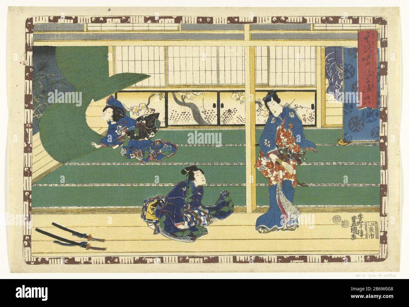 Hoofdstuk 38 Getrouwe afbeeldingen van de Schitterende Prins (serietitel) Sono sugata Hikaru no utsushi-e (serietitel op object) Prince Genji on veranda with kneeling youth Where: behind two swords; in the background a woman curtains ophangend in strong winds. Presentation enclosed by brown edge in which Genji emblemen. Manufacturer : print maker: Kunisada (I), Utagawa (indicated on object) censor: Kinugasa Fusajiro (indicated on object) censor: Murata Heiemon (indicated on object) publisher: Izumiya Ichibei (Chance Endo) ( listed on object) Place manufacture: printmaker Japan Censor: Censor T Stock Photo