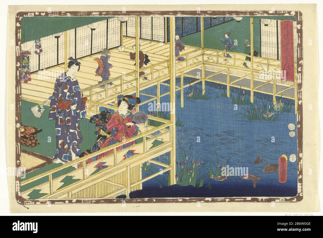 Hoofdstuk 50 Getrouwe afbeeldingen van de Schitterende Prins (serietitel) Sono sugata Hikaru no utsushi-e (serietitel op object) Man and woman with fan on porch above pond Where: in blooming irises and large carp. Presentation enclosed by brown edge in which Genji emblemen. Manufacturer : print maker: Kunisada (I), Utagawa (indicated on object) censor: Kinugasa Fusajiro (indicated on object) censor: Murata Heiemon (indicated on object) publisher: Izumiya Ichibei (Chance Endo) ( listed on object) Place manufacture: printmaker Japan Censor: Censor Tokyo: Tokyo Publisher: Tokyo Date: 1851 - 1853 Stock Photo