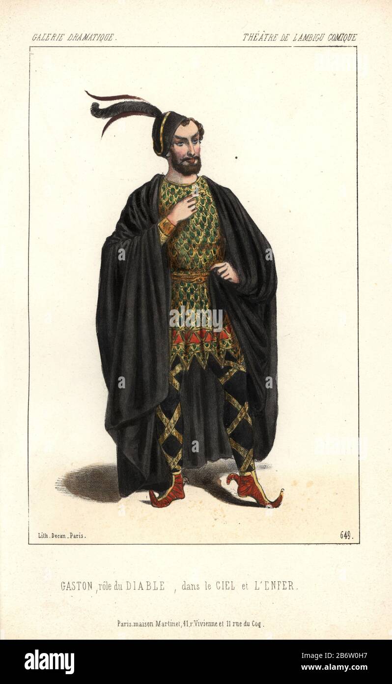 Gaston as the Diable (Devil) in 'Le Ciel et l'Enfer' at the Ambigu Comique. 'Heaven and Hell' was a fairy melee of song and dance in 5 acts and 20 tableaux by Hippolyte Lucas, Eugene Barre and Victor Hugo.  Handcoloured lithograph by Alexandre Lacauchie from 'Galerie Dramatique: Costumes des Theatres de Paris' 1853. Stock Photo
