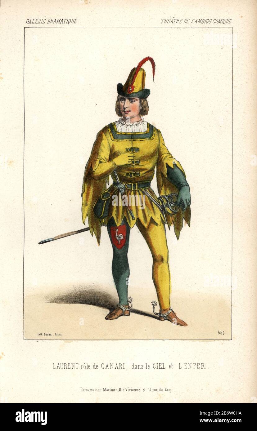 Laurent as Canari in 'Le Ciel et l'Enfer' at the Ambigu Comique. 'Heaven and Hell' was a fairy melee of song and dance in 5 acts and 20 tableaux by Hippolyte Lucas, Eugene Barre and Victor Hugo. Handcoloured lithograph by Alexandre Lacauchie from 'Galerie Dramatique: Costumes des Theatres de Paris' 1853. Stock Photo