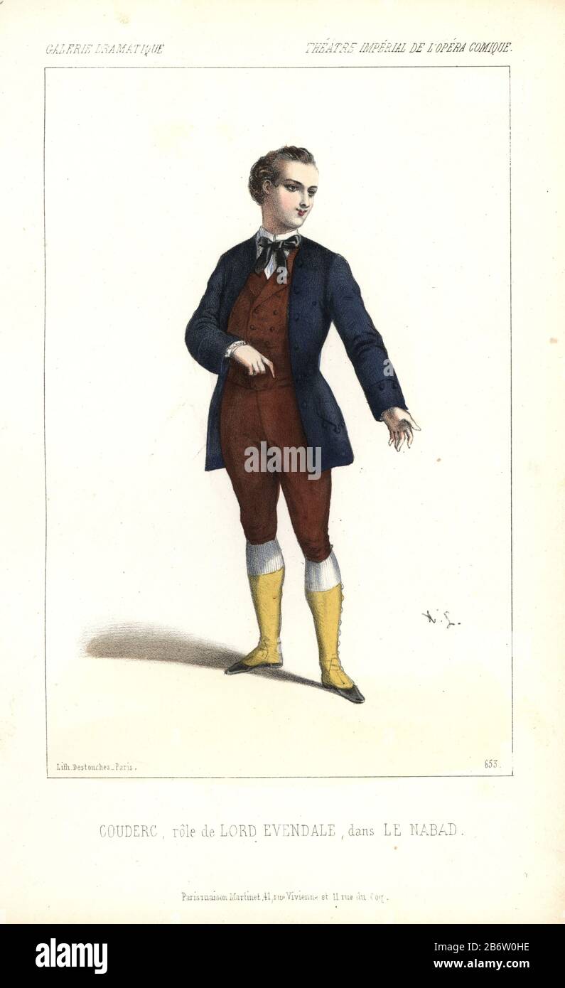 Couderc as Lord Evendale in 'Le Nabab' at the Opera Comique. Le Nabab was a comic opera by Fromental Halevy and Eugene Scribe. Handcoloured lithograph by Alexandre Lacauchie from 'Galerie Dramatique: Costumes des Theatres de Paris' 1853. Stock Photo