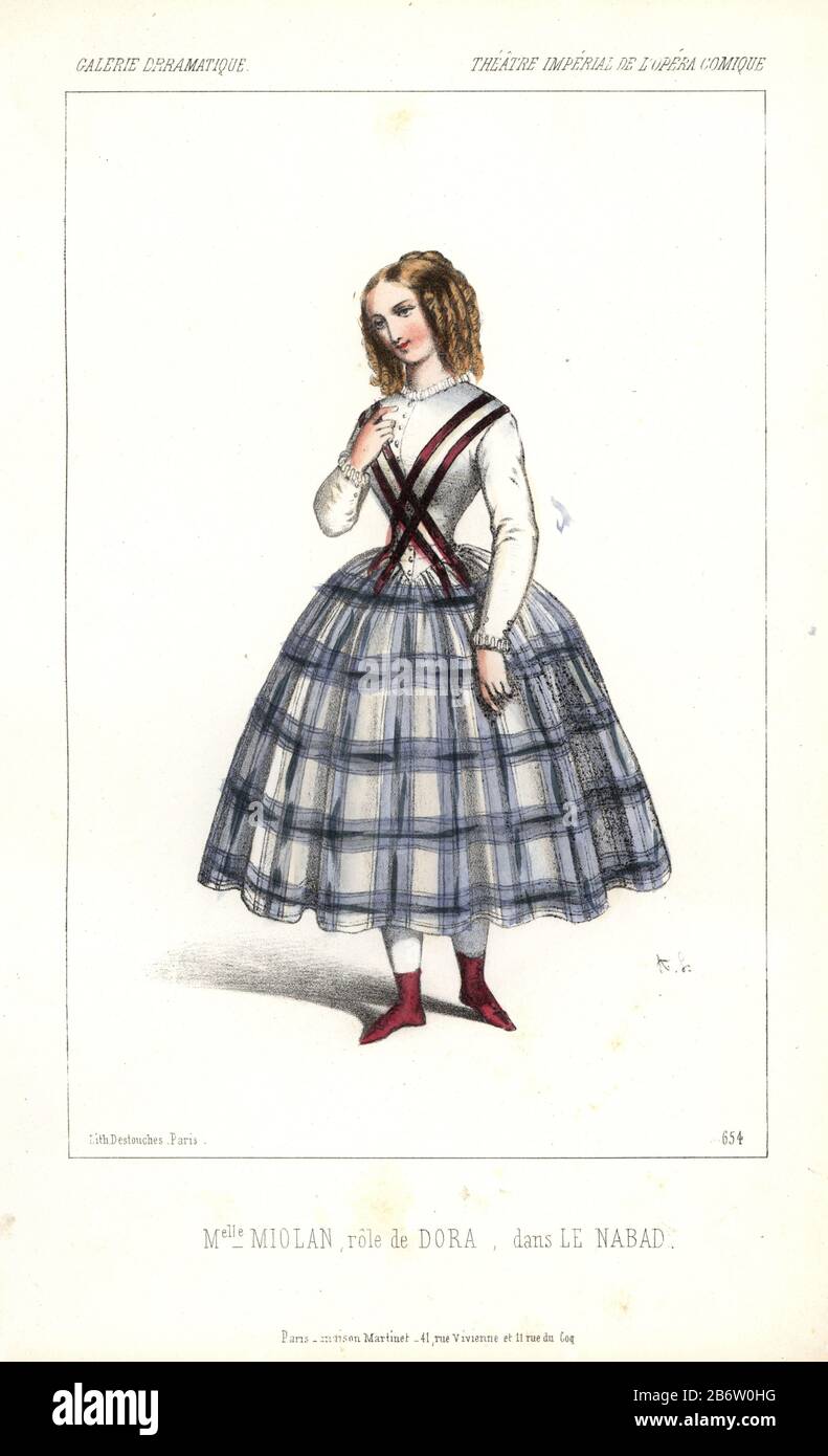 Opera singer Mlle. Miolan as Dora in 'Le Nabab' at the Opera Comique. 'Le Nabad' [sic] was a comic opera by Halevy and Scribe. Handcoloured lithograph by Alexandre Lacauchie from 'Galerie Dramatique: Costumes des Theatres de Paris' 1853. Stock Photo