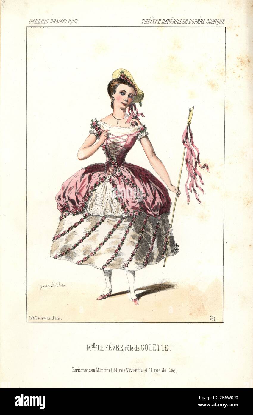 Mlle. Lefevre as Colette at the Theatre Imperial de l'Opera Comique. She wears a shepherdess outfit with pink bodice and skirts over a white full skirt, all trimmed with roses. Constance-Caroline Lefebvre (1828-1905) was a French actress and singer. Handcoloured lithograph by Alexandre Lacauchie from 'Galerie Dramatique: Costumes des Theatres de Paris' 1853. Stock Photo