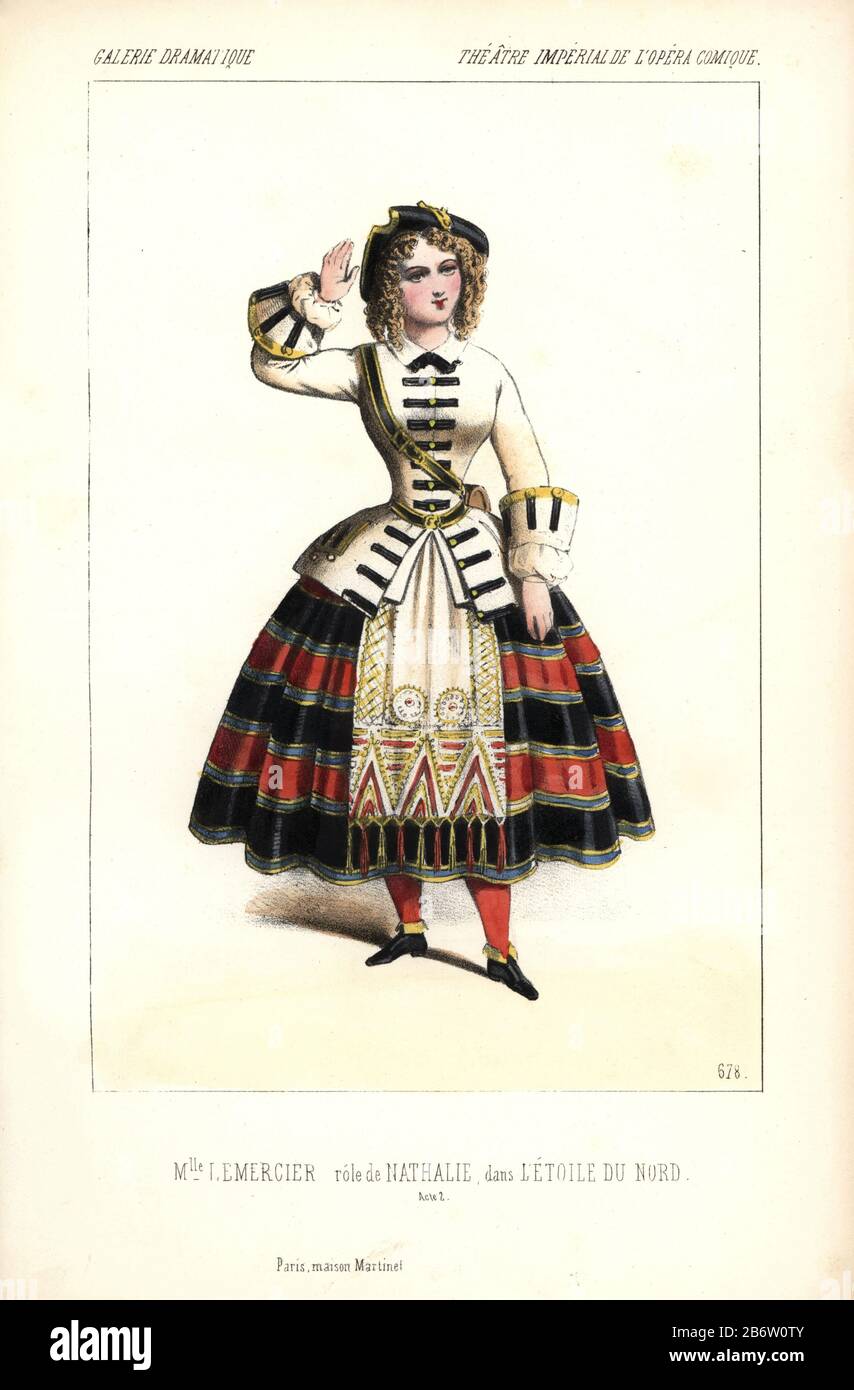 Soprano singer Marie-Charlotte Lemercier as Nathalie in 'L'Etoile du Nord' at the Opera Comique. She had a 'sweet and flexible voice,' but lacked the ladylike and graceful manners of her younger sister Mlle. Betty (or Beaussire).  Handcoloured lithograph by Alexandre Lacauchie from 'Galerie Dramatique: Costumes des Theatres de Paris' 1853. Stock Photo
