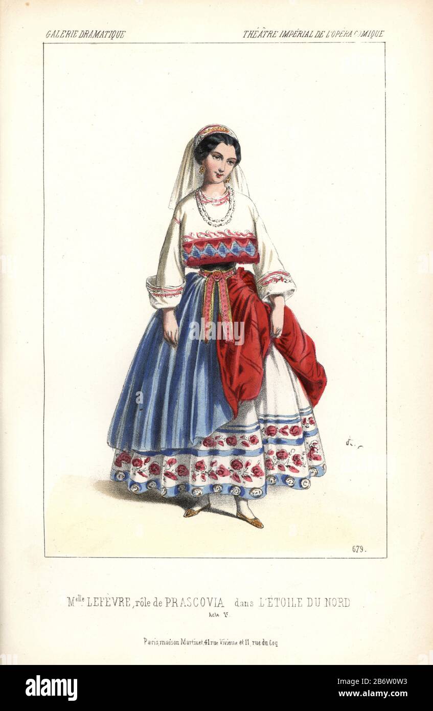 Mlle. Lefevre as Prascovia in 'L'Etoile du Nord' at the Opera Comique. Constance-Caroline Lefebvre (1828-1905) was a French actress and singer. Handcoloured lithograph by Alexandre Lacauchie from 'Galerie Dramatique: Costumes des Theatres de Paris' 1853. Stock Photo