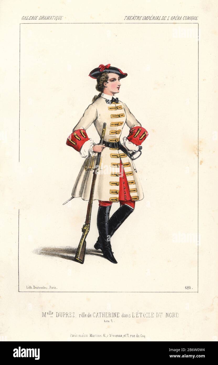 Mlle. Caroline Duprez as Catherine in 'L'Etoile du Nord' at the Opera Comique. She was the daughter of the famous French tenor Gilbert-Louis Duprez. Handcoloured lithograph by Alexandre Lacauchie from 'Galerie Dramatique: Costumes des Theatres de Paris' 1853. Stock Photo