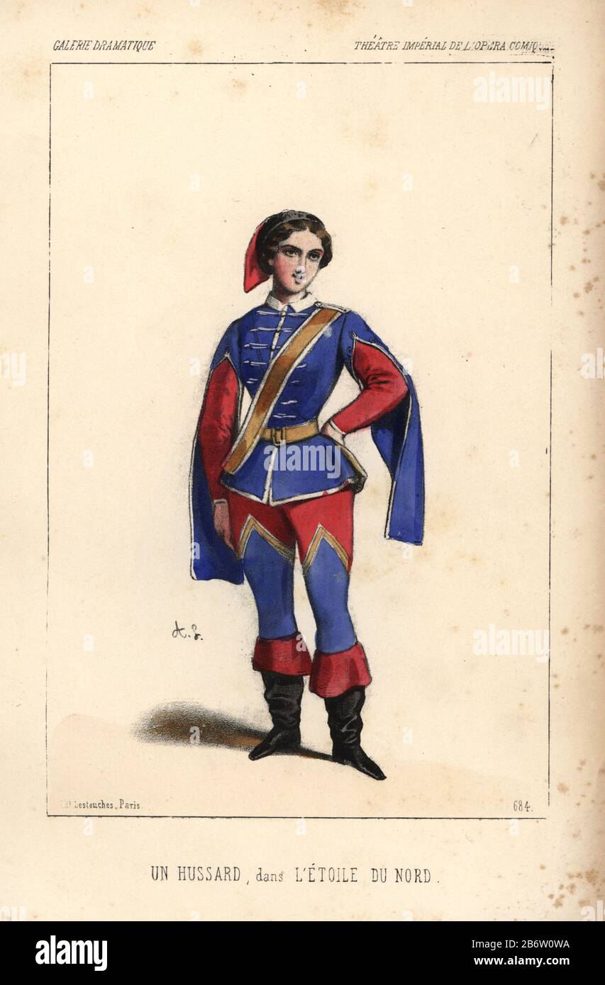 A hussar in 'L'Etoile du Nord' at the Opera Comique. A woman dressed in a blue and scarlet hussar's uniform. Handcoloured lithograph by Alexandre Lacauchie from 'Galerie Dramatique: Costumes des Theatres de Paris' 1853. Stock Photo