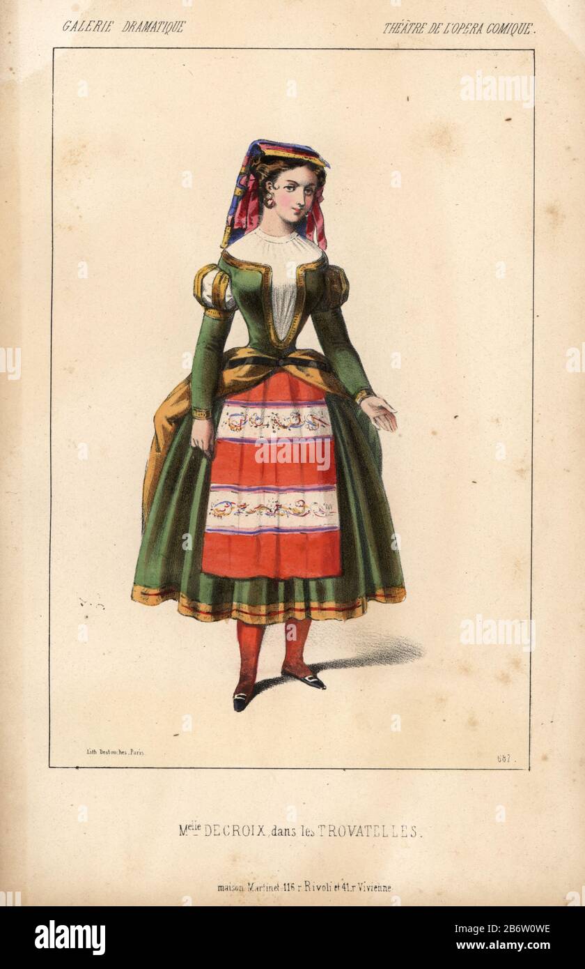 Mlle. Decroix in 'Les Trovatelles' at the Opera Comique. Marguerite Jeanne Camille Decroix was a soprano opera singer who debuted in 1848. Handcoloured lithograph by Alexandre Lacauchie from 'Galerie Dramatique: Costumes des Theatres de Paris' 1853. Stock Photo