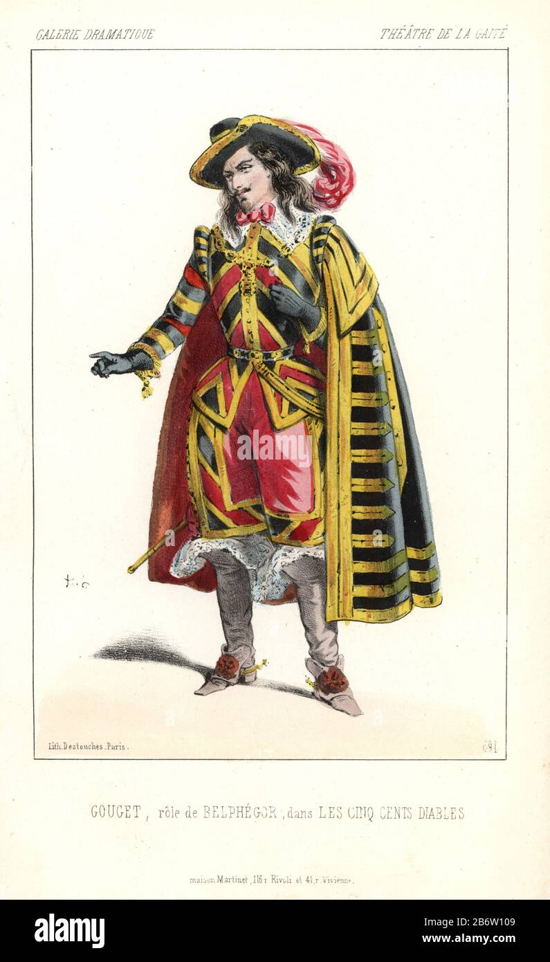Desire Louis Eugene Gouget (d.1897) as the demon Belphegor in "Les Cinq  Cents Diables" at the Gaite, a fairy spectacle by Dumanoir and Dennery.  Handcoloured lithograph by Alexandre Lacauchie from "Galerie Dramatique: