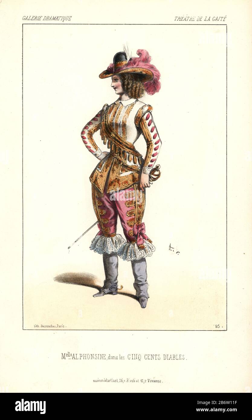 Mlle. Alphonsine in male drag as the Princess Castorine in 'Les Cinq Cents Diables' at the Theatre de la Gaite. Actress and singer Jeanne Benoit (1829-1883) appeared under the stage names Mlle. Alphonsine and Mlle. Fleury. 'The 500 Devils' was a fairy spectacle by Dumanoir and Dennery. Handcoloured lithograph by Alexandre Lacauchie from 'Galerie Dramatique: Costumes des Theatres de Paris' 1854. Stock Photo