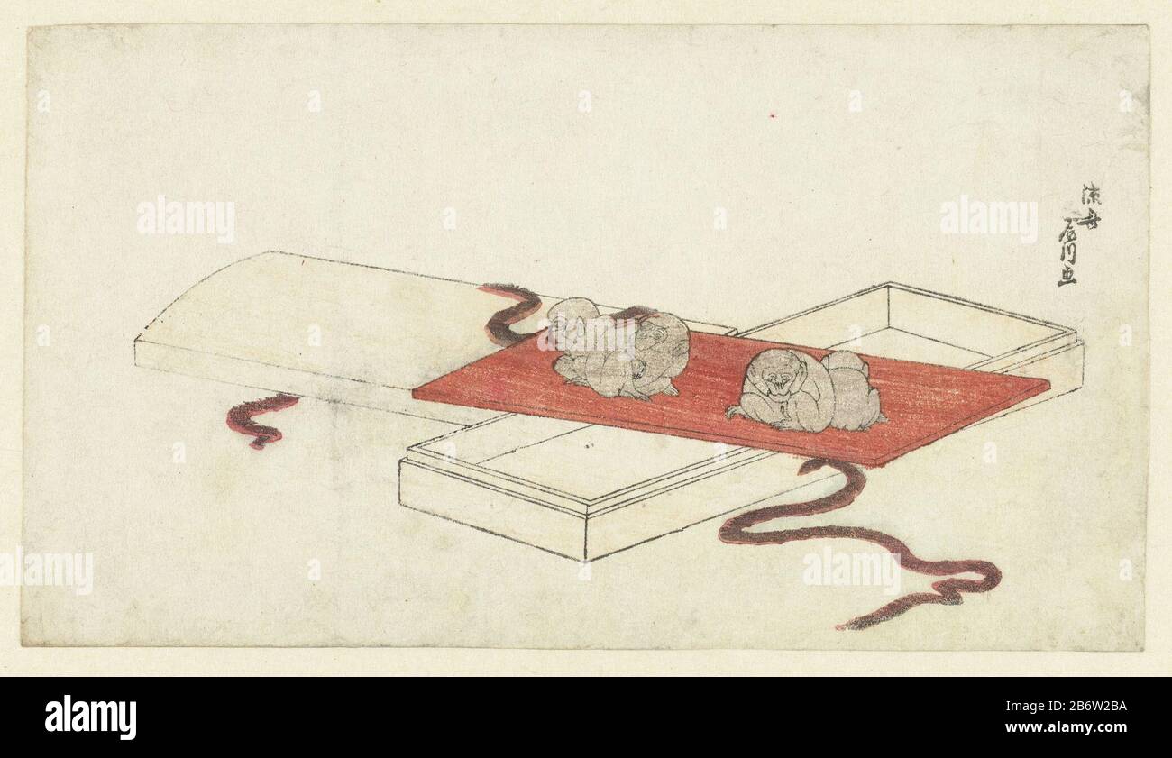 Houten doos met aapjes On a red board that fits in a box, there are four  figurines of monkeys. Suri Mono without gedichten. Manufacturer :  printmaker: Ryūryūkyo Shinsai (listed property) Place manufacture: