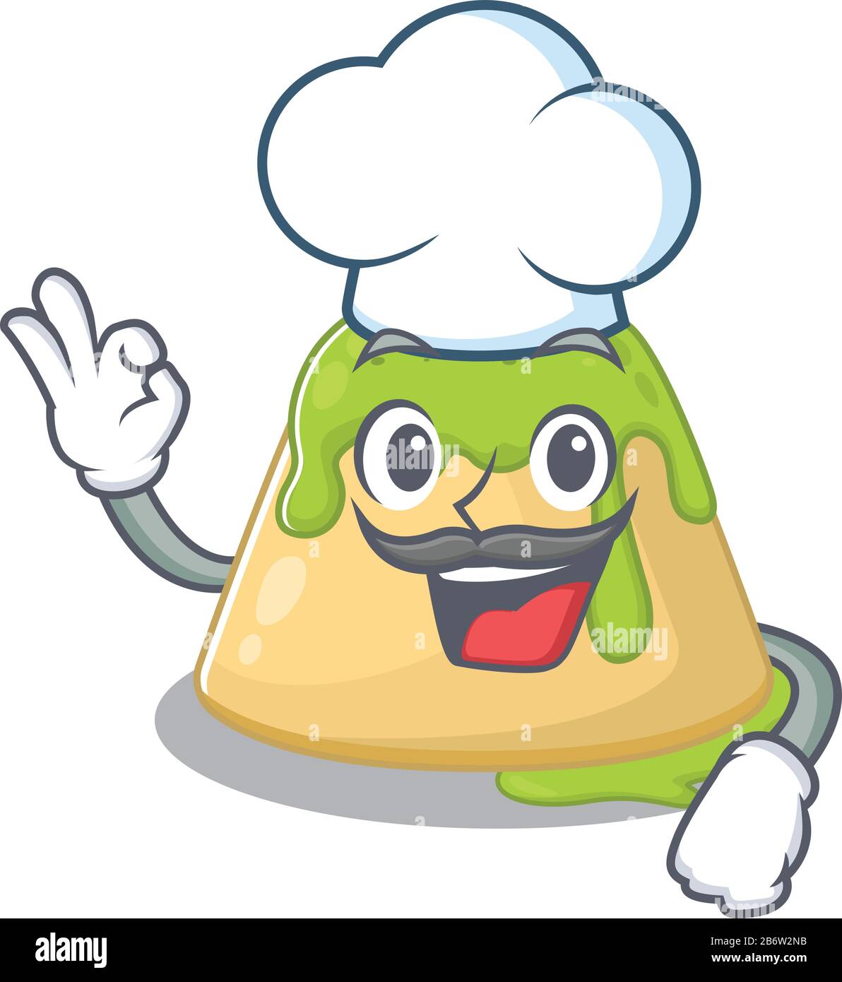 Cute pudding green tea cartoon character wearing white chef hat Stock
