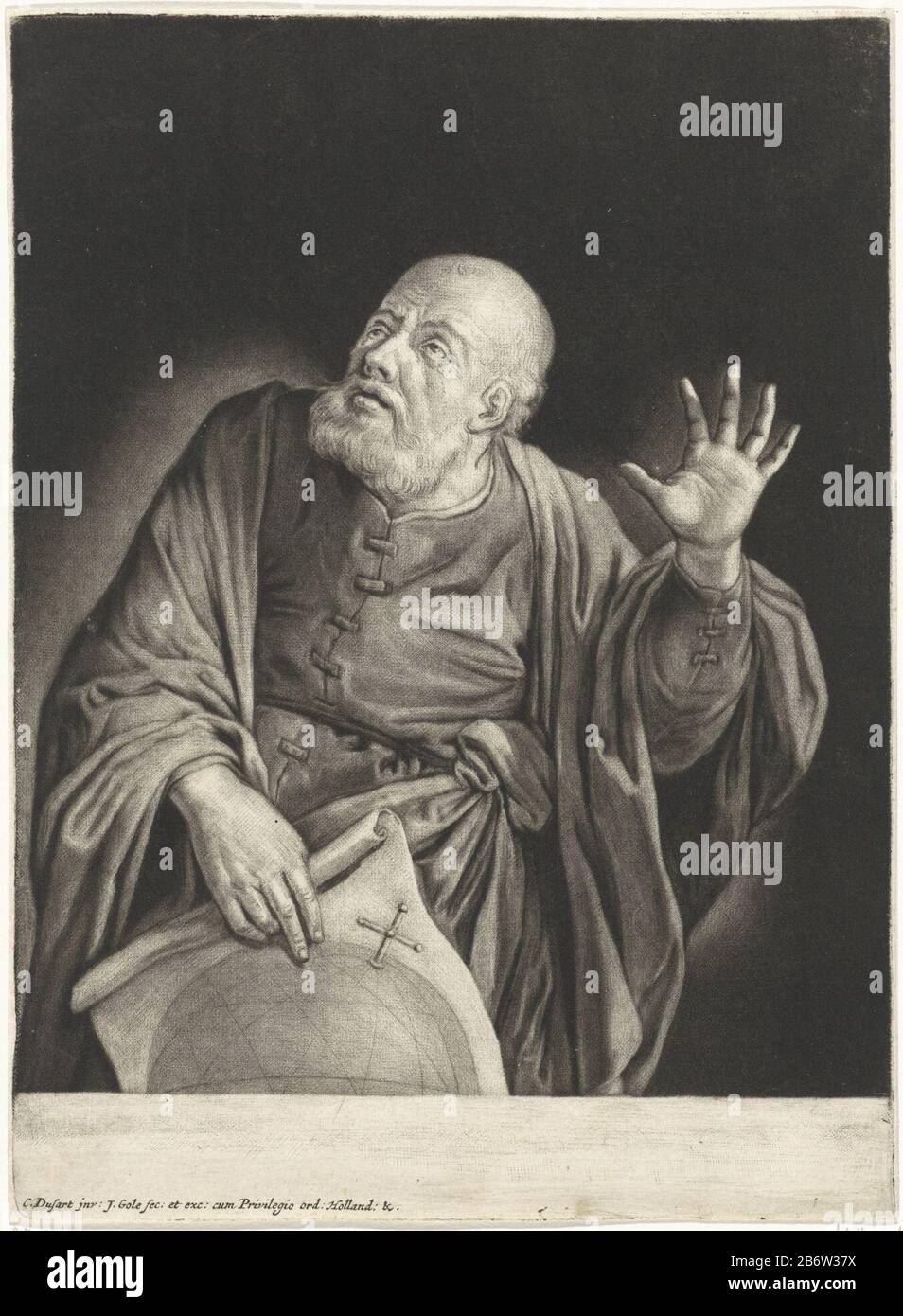 Huilende Heraclitus The Greek philosopher Heraclitus is at a globe and huilt. Manufacturer : printmaker Jacob Gole (listed property) designed by Cornelis Dusart (listed building) publisher: Jacob Gole (listed property) Place manufacture: Amsterdam Date: 1670 - 1724 Physical features: mezzotint and engra material: paper Technique: mezzotint / engra ( printing process) Dimensions: plate edge: h 232 mm × W 176 mm Subject: (story of) Heraclitus, the philosopherglobecrying, shouting Stock Photo