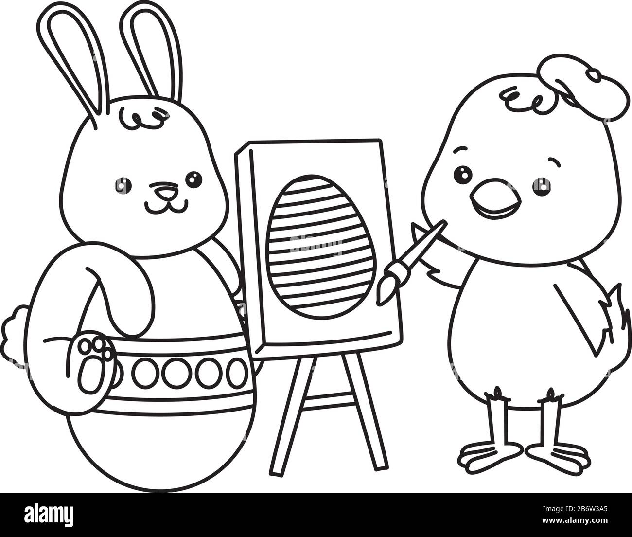 little rabbit and chick painting egg easter characters Stock Vector