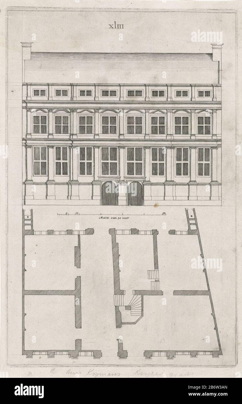 Huis Koymans Keizersgracht Architectura Moderna ofte Bouwinge van onsen tyt (serietitel) Journal X1III. Front view of the housing and associated plattegrond. Manufacturer : to a design by: Jacob van Camp Print Author: anonymous publisher: Cornelis Danckerts (I) Place manufacture: Amsterdam Date: 1631 Material: paper Technique: engra (printing process) Measurements: plate edge: H 297 mm × W 193 mmDocumentatieOrnament posters of the Rijksmuseum II: the seventeenth century, part 2, p.16, cat 4103D Stock Photo