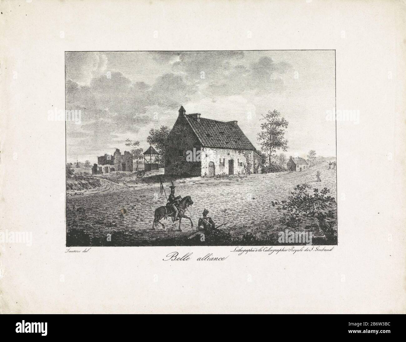 Huis La Belle Alliance Belle alliance (titel op object) The inn La Belle Alliance located in the village of Plancenoit near the battlefield of the Battle of Waterloo on 18 June 1815. two soldiers on the front, one on horseback, the other sitting on the grond. Manufacturer : printmaker, Paul Lauters (listed building) printer: Calcographie Royale J. Goubaud (listed property) Place manufacture: Belgium Date: 1820 - 1850 Physical features: lithography material: paper technique: lithography (technique) Dimensions: sheet: h 238 mm × W 304 mm Subject: devastated, ruined place or city ( warfare) Batt Stock Photo