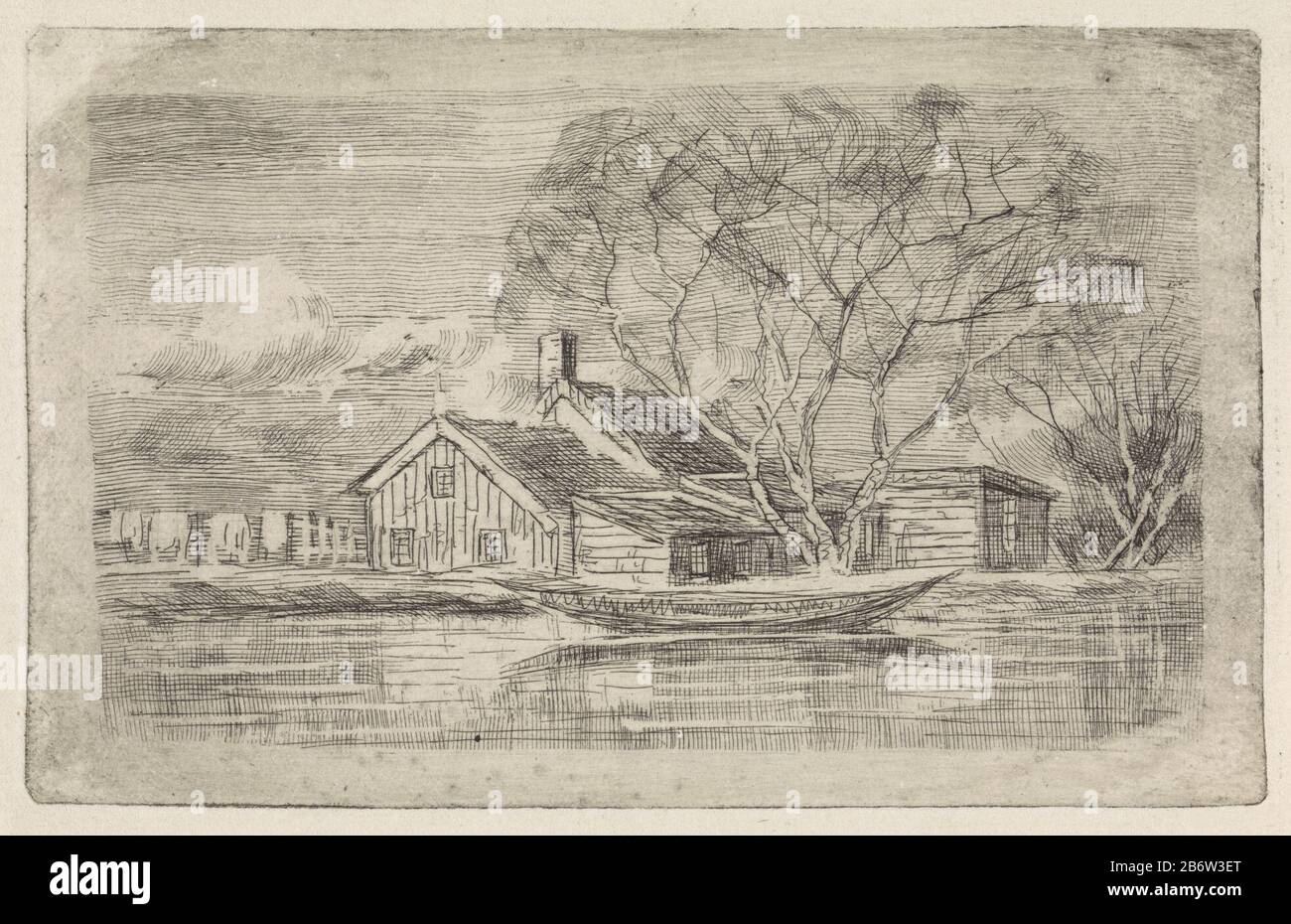 Huis aan het water met roeiboot ervoor House on the water rowing sure object type: picture Item number: RP-P-OB-59.866 Inscriptions / Brands: collector's mark, verso, stamped: Lugt 2228 Manufacturer : printmaker Elias Stark Place manufacture: Netherlands Date: 1859 - 1933 Physical features : etching with plate tone material: paper Technique: etching / plate tone measurements: plate edge: h 100 mm × W 158 mm Subject: rowing-boat, canoe, etc.accessories and implements  laundering, eg clothes-peg, drying frame, (empty) washingline Stock Photo