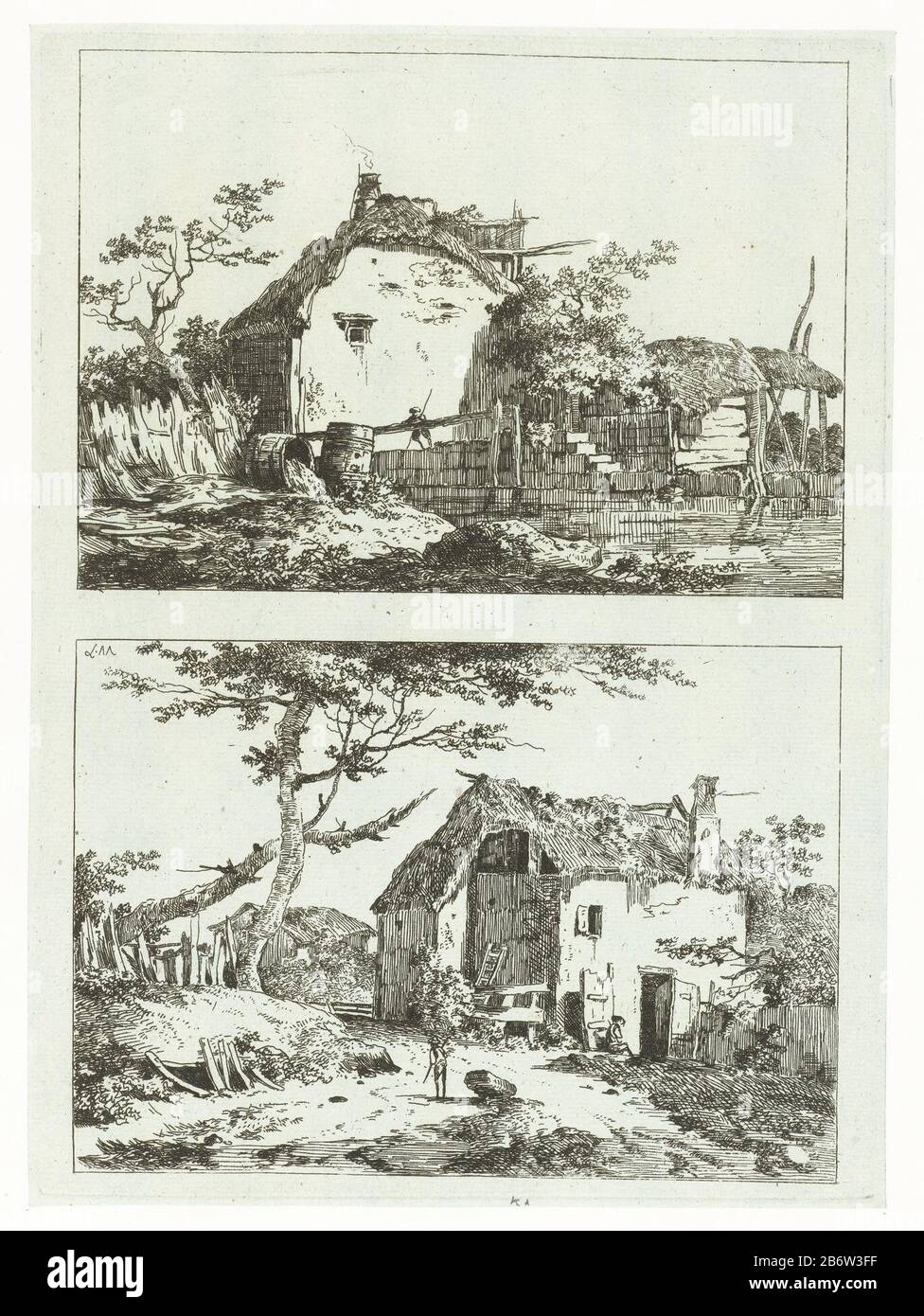 Huis aan het water en een huis aan een weg Two performances on one plate. Above: a stone house with a thatched roof to the water. In addition to the housing a haystack. Below: a run-stone house along a weg. Manufacturer : print maker: Louis Gabriel Moreau (indicated on object), at its design: Louis Gabriel Moreau Date: 1770 - 1779 Physical characteristics: etching on light blue paper material: paper Technique: etching dimensions: plate edge: h 241 mm × W 175 mmToelichtingDe plate is later cut, so that the two performances could be printed as separate prints. K.Botke. Subject: farm or solitary Stock Photo