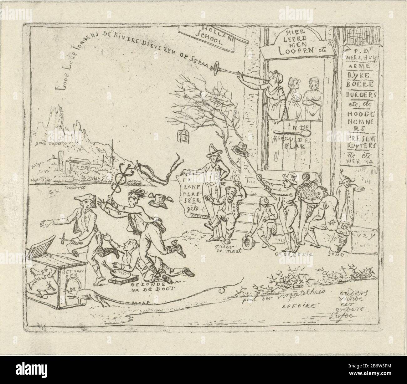 Huis met het uithangboord Hollandse school Spotprenten op de nederlagen der Fransen in 1813 (serietitel) Cartoon on the conscription of the Dutch farmers' sons for the French army. For a house with the sign: Dutch school have gathers and crippled old men and children. A woman Where: warns of child thieves. Fit young men fleeing conscription officials of the French leger. Manufacturer : printmaker Hermanus FockPlaats manufacture: Amsterdam Date: 1813 Physical features: etching material: paper Technique: etching Dimensions: plate edge: H 87 mm × W 103 mm Subject: recruiter, crimp drawing lots ~ Stock Photo