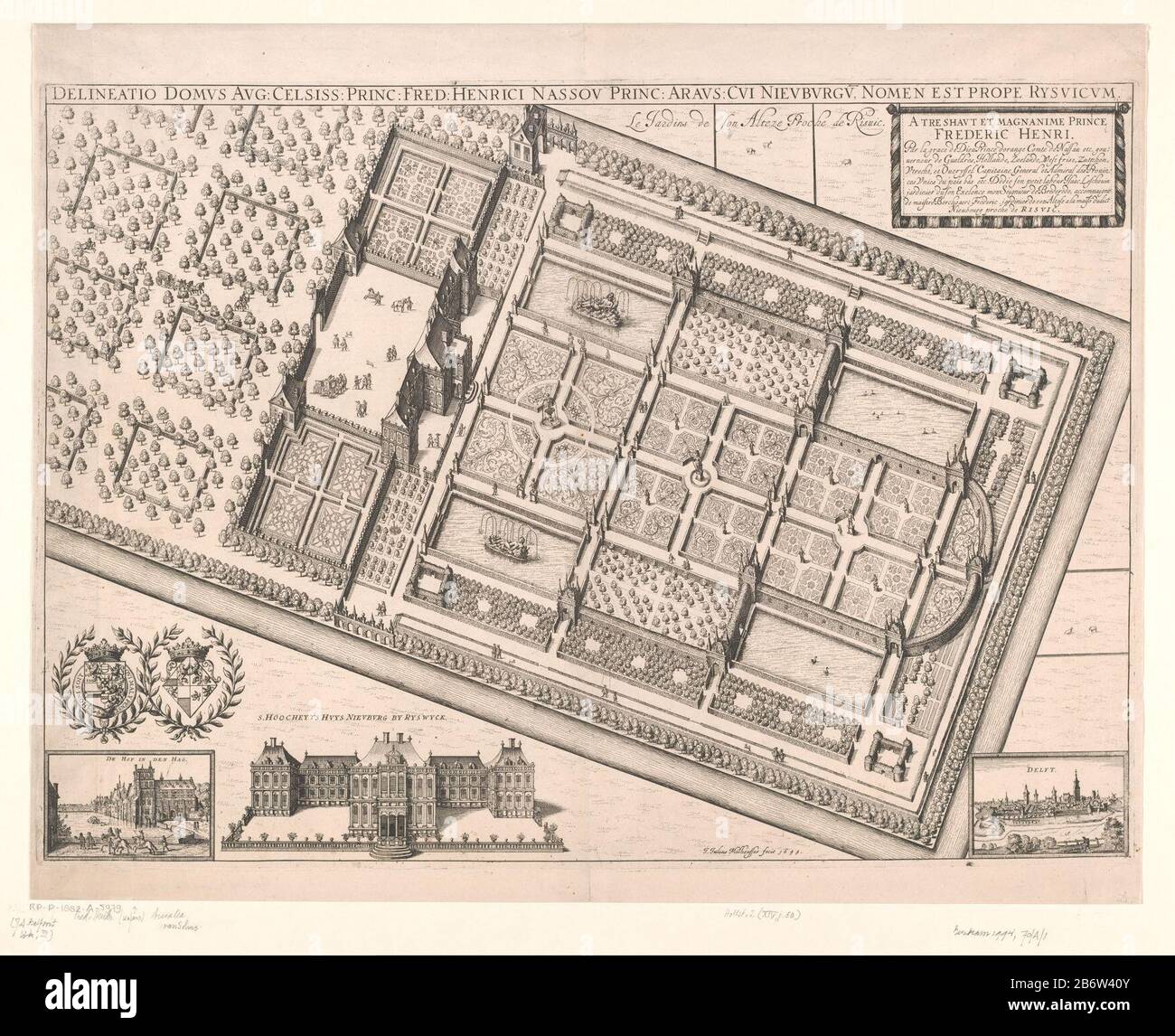 Huis ter Nieuburch met boomgaard en tuin Delineatio Domus Aug Celsiss Princ Fred Henrici Nassou Princ Araus Cui Nieuburgu, Nomen est prope Rysvicum (titel op object) The house in Nieu Burch in Rijswijk in glance. Left the orchard and left the garden. At the bottom arms of Frederick Henry and Amalia van Solms, a face on the court in The Hague, House Nieu Burgh viewed from the front and a view Delft. Manufacturer : printmaker Julius Milheuser (listed building) Dated: 1644 Material: paper technique: etching dimensions: plate edge: h 472 mm × W 658 mm Subject: garde palace where: Huis ter Nieuburc Stock Photo