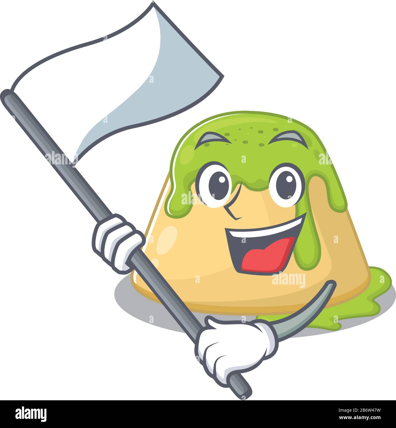 Pudding Flags Pudding green tea cartoon character design holding standing flag Stock ...
