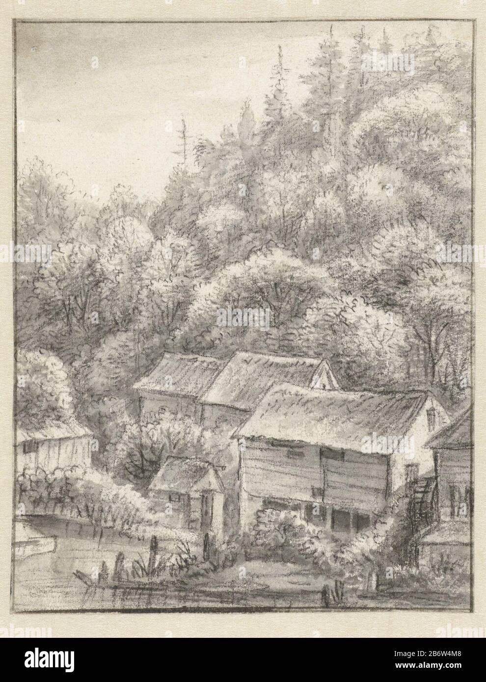 Huizen tegen een beboste helling Houses against a forested hillside  property type: Drawing Object number: RP-T 00-300 Manufacturer : artist:  Anthonie Waterloo Date: 1619 - 1690 Physical features: brush in gray, black, image size:990x1390