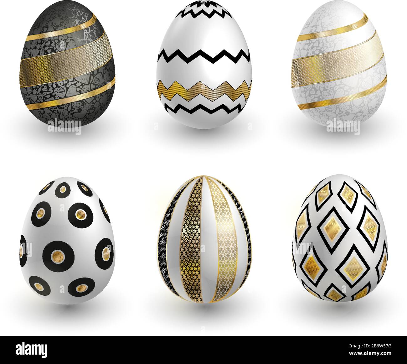 Black white gold Easter eggs with lace patterns on white background. Vector set for holiday Easter card Stock Vector