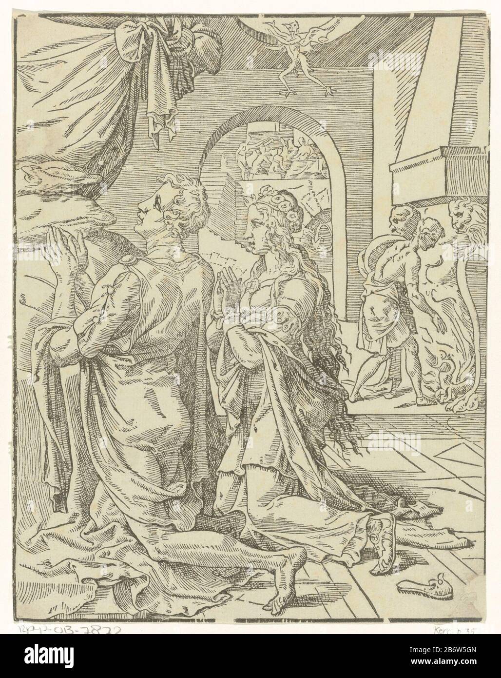 Huwelijksnacht van Tobias en Sara Geschiedenis van Tobias (serietitel) in kneel bedroom Tobias and Sarah in prayer for God's blessing and protection over their marriage request. In the background flight the demon away by the liver and heart of the fish that Tobias on fire legde. Manufacturer : printmaker: Dirck Volckertsz. Coornhert In drawing: Maarten van Heemskerckstraat Place manufacture: The Netherlands Date: ca. 1548 Physical characteristics: wood block material: paper Technique: wood block dimensions: sheet: h 240 mm × W 187 mm Subject: Tobias and Sarah praying Stock Photo