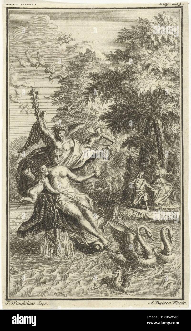Huwelijksaanzoek met Venus en Amor Venus rides in her chariot drawn by two swans on the water. She holds a burning haart in her hand. On the shore of the lake is a few to see. The man kneels before the woman to make her a marriage proposal. Amor shoots one of his arrows at the couple af. Manufacturer : printmaker: Andries van Buysen (Sr.) (listed property) designed by Jan Walker (listed property) Place manufacture: Amsterdam Date: 1723 Physical features: etching and engra materials: paper Technique: etching / engra (printing process) Measurements: sheet: 137 mm × h b 83 mmToelichtingIllustrati Stock Photo