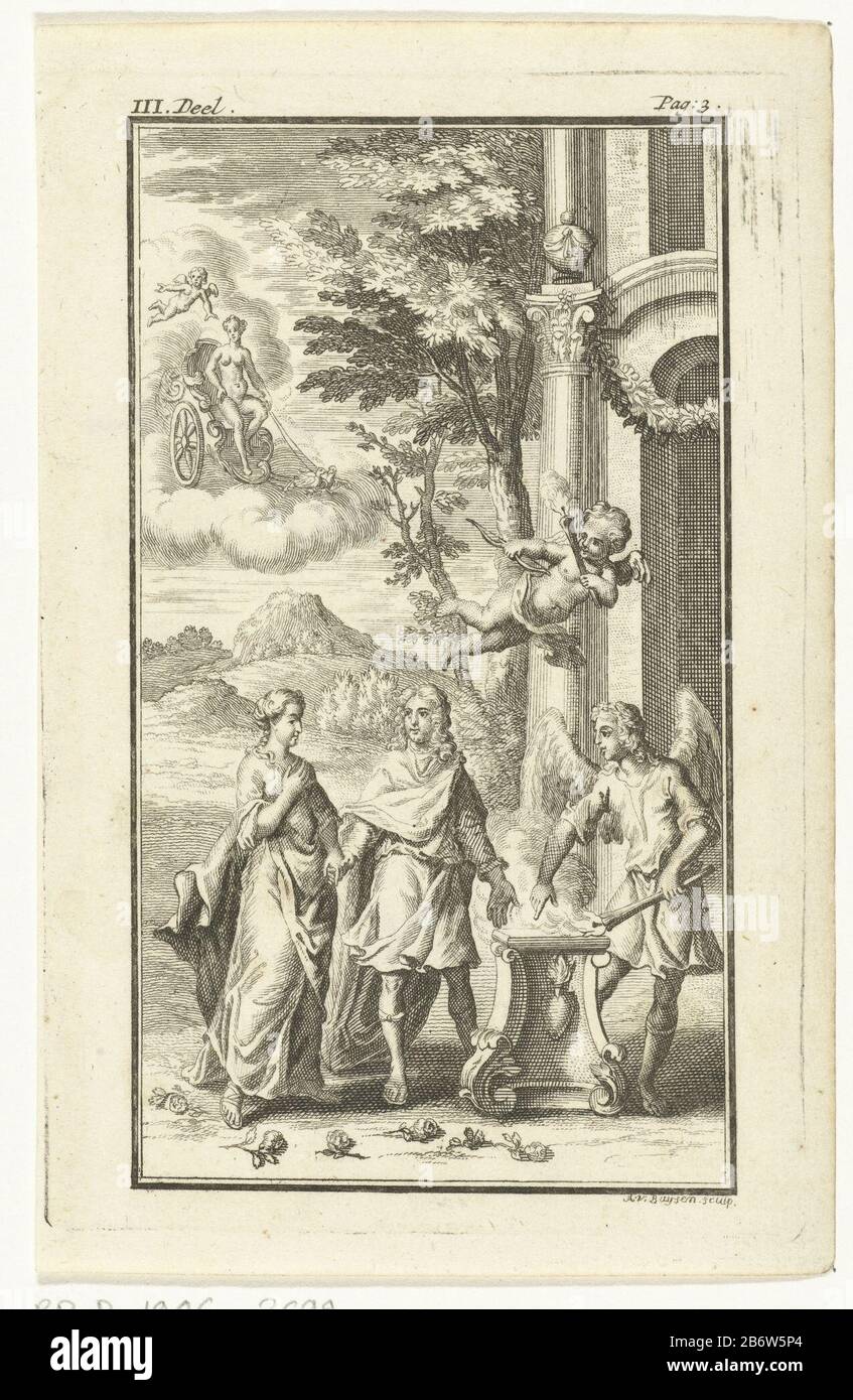 A wedding is celebrated outdoors. In addition to an altar with a burning state HAART wedding couple and an angel with a burning torch. Cupid flying above the altar and in the sky is Venus in her chariot zien. Manufacturer : printmaker: Andries van Buysen (Sr.) (listed building), designed by: anonymous place manufacture: Amsterdam Date: 1723 Physical features: etching and engra material: paper Technique: etching / engra (printing process) Measurements: plate edge: h × 142 mm b 93 mmToelichtingIllustratie of: Leuve, Roeland of. Miscellanies. Amsteldam: J. Verheyden, 1723. 3rd movement, p. 3. Sub Stock Photo