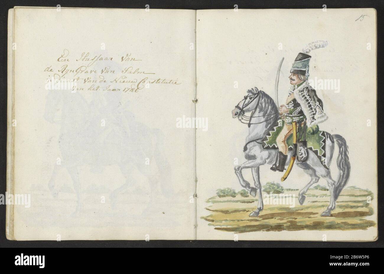 Huzaar van de Rijngraaf van Salm in 1786 Een Hussaar van de RijnGrave van Salm in dienst van de Nieuw Constitutie van het Jaar 1786 (titel op object) the uniform of the hussars of the Rhine Count of Salm in 1786. Part of the second chapter on the new uniforms for the period 1783-1787. In the sketch with color drawings of the uniforms worn by military personnel and members of the schutterij from the period 1770 to 1795-1796. Manufacturer :  draftsman: S.G. Cast Insert preparation: Amsterdam Date: 1795 Physical characteristics: pen in brown ink color material: paper Technique: writing dimensions Stock Photo