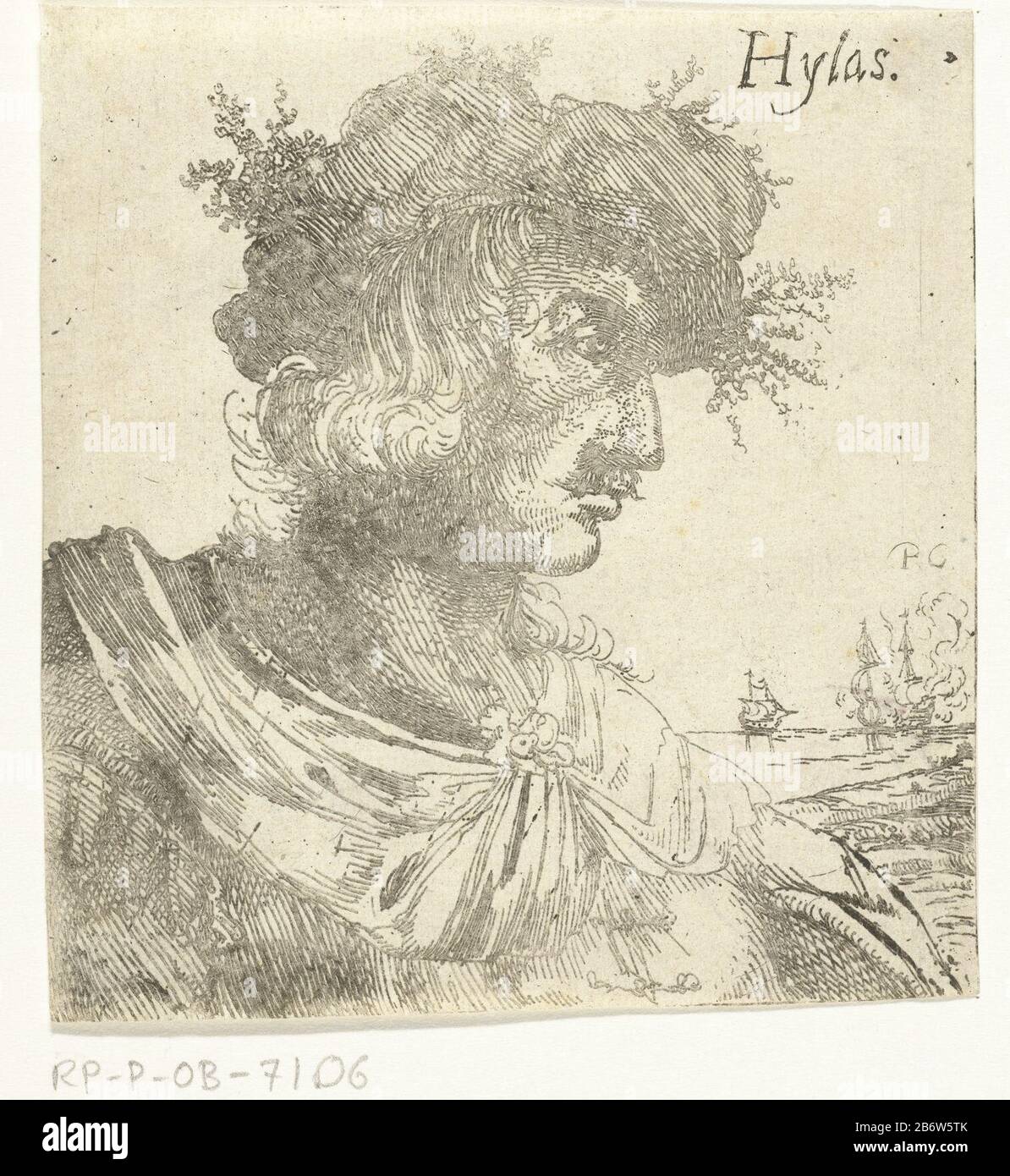 Hylas de argonaut Hylas (titel op object) A young man with mustache and curly hair and profile to right. In the background a zeeslag. Manufacturer : printmaker Pieter Casteleyn (possible) Place manufacture: Haarlem Dating: ca. 1633 - characteristics or 1676 Physical: etching material: paper Technique: etching Dimensions: sheet: H 103 mm × W 97 mm Subject: the Argonauts in Mysia Stock Photo