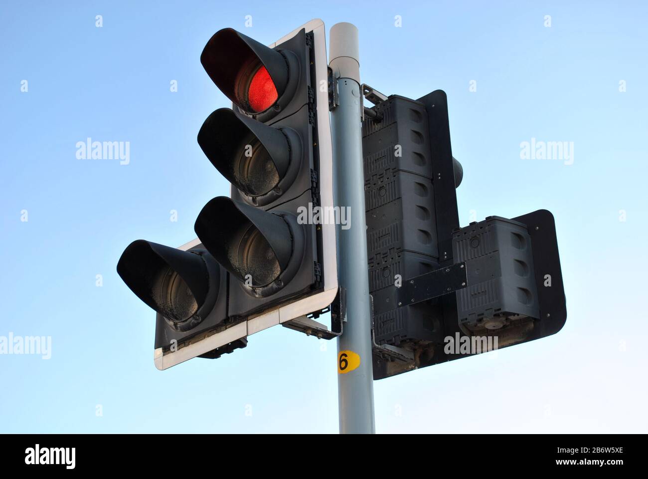 Traffic Light red lamp close up isolate day sky background Stock Photo ...
