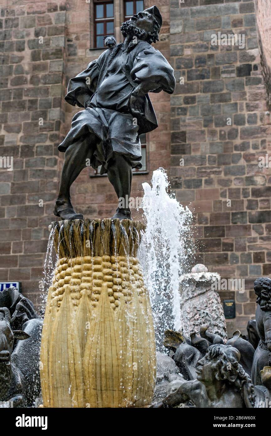 Fountain statue Hans Sachs, by Juergen Weber, Weisser Turm, historic centre, Nuremberg, Middle Franconia, Franconia, Bavaria, Germany Stock Photo