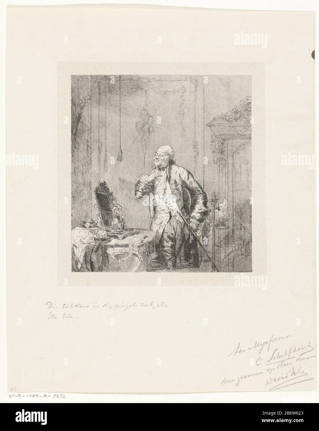IJdele man A gentleman in eighteenth-century dress looks with pleasure at his reflection. Behind him a parrot on stok. Manufacturer : printmaker David Bles (personally signed) dedicated to C. Schelfhout (listed property) Place manufacture: Den Haag Date: 1846 Physical features: pressure lithograph on chine collé Material: paper Technique: etching transferred to stone / lithography (technique) Dimensions: sheet: h 290 mm × W 238 mm Subject: mirror Stock Photo