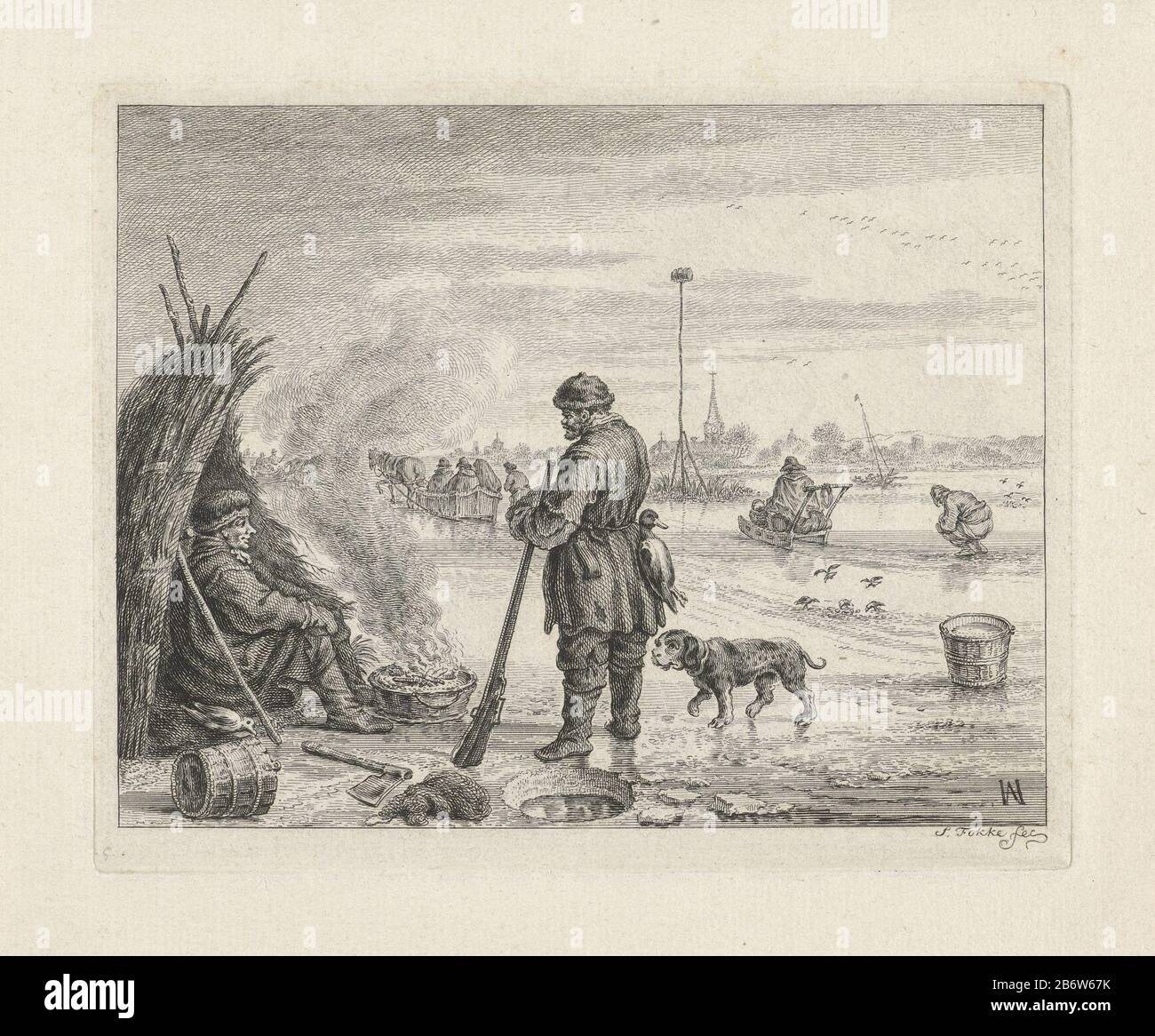 IJsgezicht nabij Sloten, 1624 Slooten, Ao 1624 Noord-Hollandse landschappen (serietitel) Ice Scene near Locks with in the foreground a hunter and a fisherman. On the ice, persons transported by sled. The far right does a man need to ijs. Manufacturer : printmaker Simon Fokke (listed property) designed by: Hendrick Avercamp (listed property) Place manufacture: Amsterdam Date: 1722 - 1784 Physical features: etching material: paper Technique: etching Dimensions: plate edge: h 13.8 mm × 17.2 b mmToelichtingTitel based on the signature of a later staat. Subject: winter landscape; landscape symboliz Stock Photo