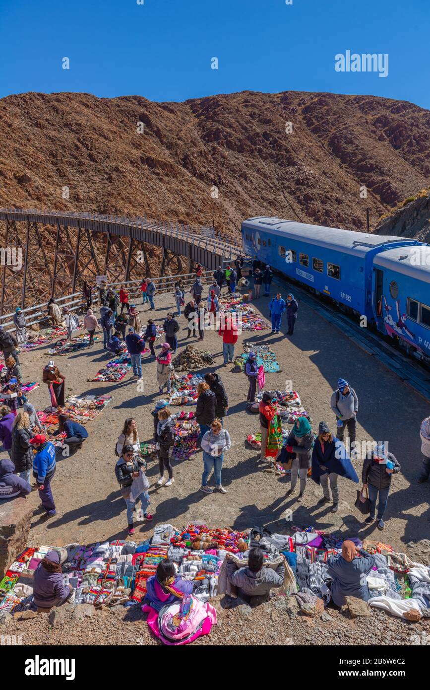 Tren a las Nubes, Train to the Clouds, Viaducto la Polvortilla, Local market at the Porvortilla viaduct, Departamento Los Andes, Salta Province Stock Photo